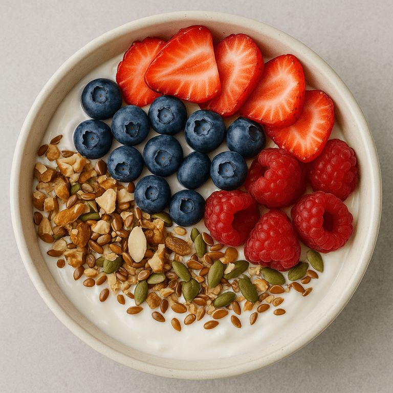Eine Schale mit cremigem Joghurt, liebevoll garniert mit frischen Erdbeeren, Blaubeeren, Himbeeren sowie einem Topping aus Nüssen und verschiedenen Samen