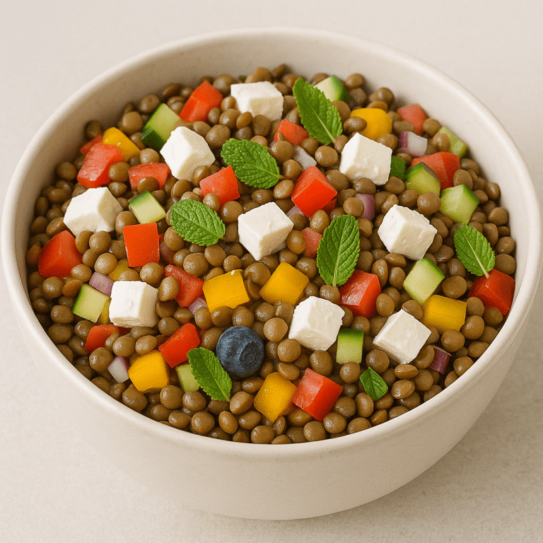 Bunter Linsensalat in einer runden Schüssel mit gewürfeltem Feta, Paprika, Gurke, roten Zwiebeln und frischen Minzblättern