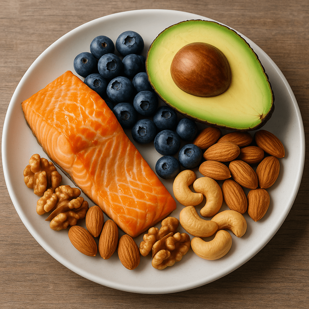 Teller mit verschiedenen Gehirn-Superfoods wie Lachs, Avocado, Blaubeeren und Nüssen