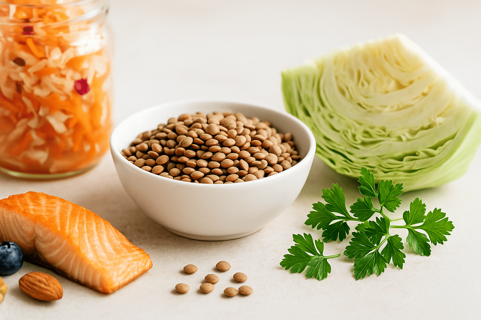 rezepte-und-anleitungen 2 Frische Zutaten für darmfreundliche Gerichte wie Linsen und fermentiertes Gemüse