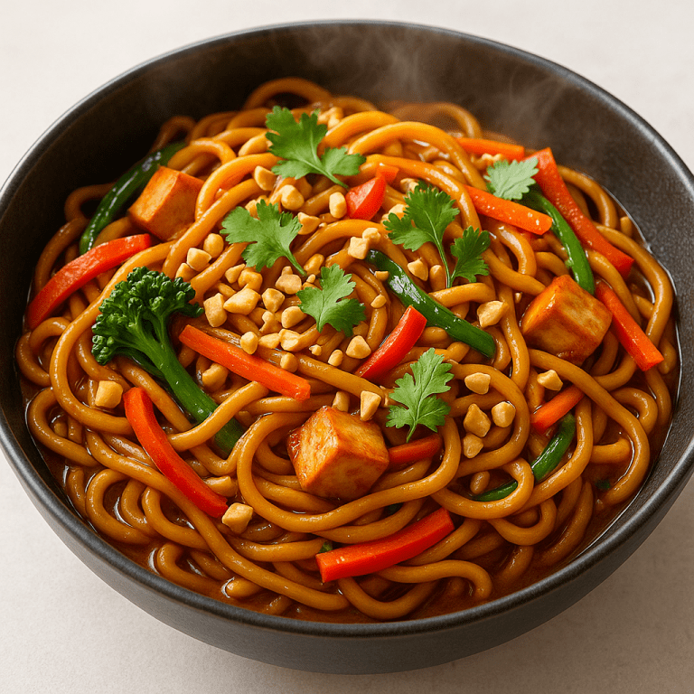 Erdnuss-Nudel-Pfanne in Schüssel: glänzende Nudeln in Erdnusssauce mit Tofu-Würfeln, bunten Gemüsestreifen, gehackten Erdnüssen und frischem Koriander