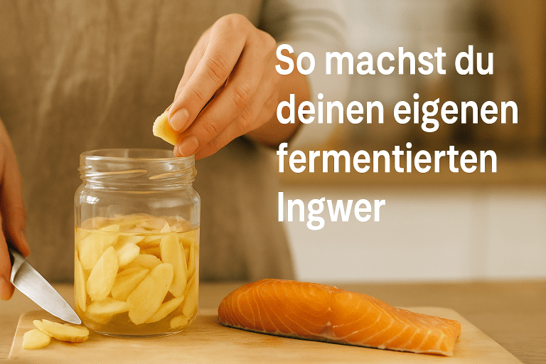 Hände bereiten in einer hellen Küche fermentierten Ingwer zu, indem sie frische Ingwerscheiben in ein Glas mit Flüssigkeit geben.