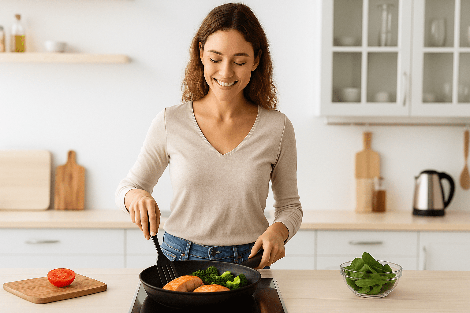 rezepte-und-anleitungen 4 Frau kocht gesunde Bowl mit Lachs und Brokkoli in moderner Küche