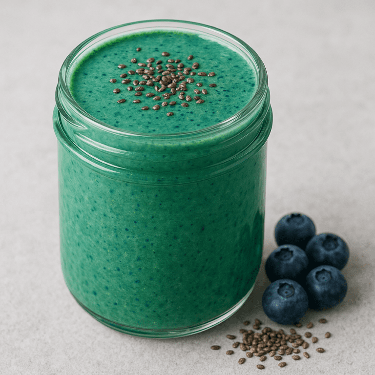 Grün-blauer Smoothie in einem Glas, getoppt mit Chiasamen; daneben liegen frische Blaubeeren und Chiasamen auf einem hellen Untergrund