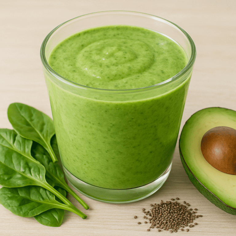 Nahaufnahme eines grünen Smoothies in einem klaren Glas mit Spinatblättern, Avocadohälfte und Chiasamen auf hellem Holz