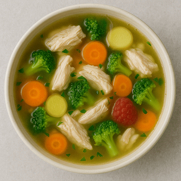 dampfenden Hühnersuppe in einer Schale mit buntem Gemüse wie Karotten und Brokkoli