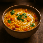 Cremiges Kürbis-Dal mit roten Linsen, geröstetem Kürbis, Kokossahne und frischem Koriander in einer rustikalen Schüssel auf dunklem Holztisch