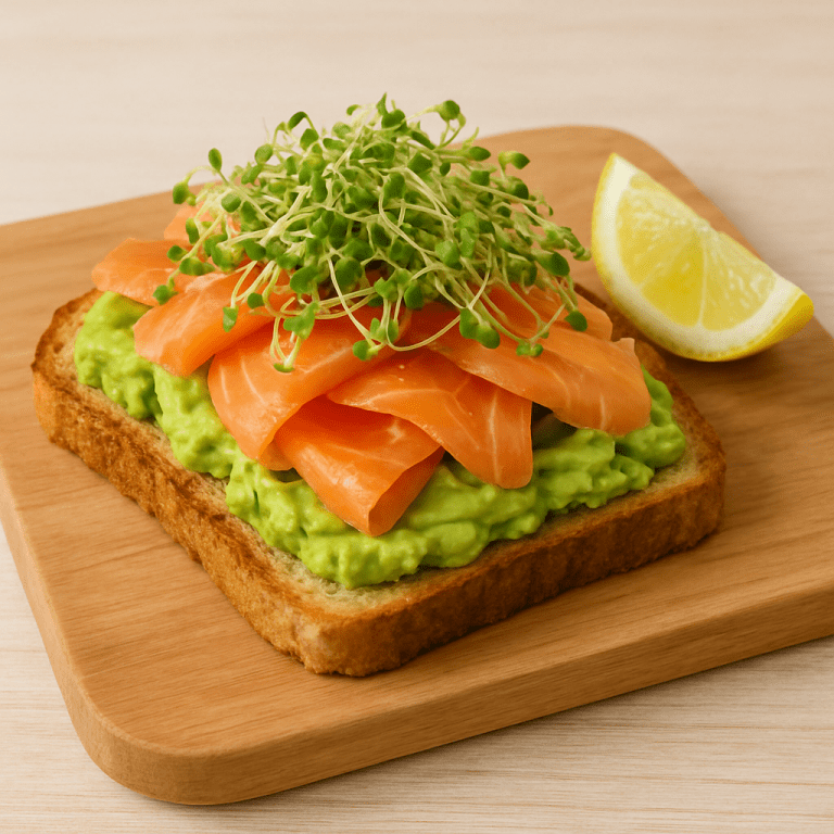 Lachs-Avocado-Toast auf Holzbrett mit cremiger Avocado, geräuchertem Lachs, frischen Brokkoli-Sprossen und Zitronenspalte