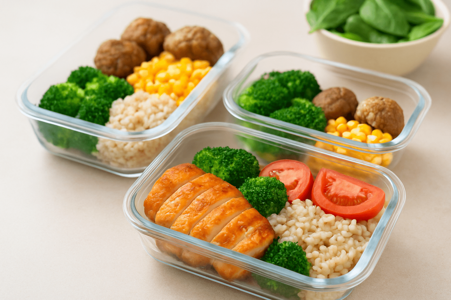 rezepte-und-anleitungen 3 Vorbereitete Mahlzeiten in Behältern für Meal Prep
