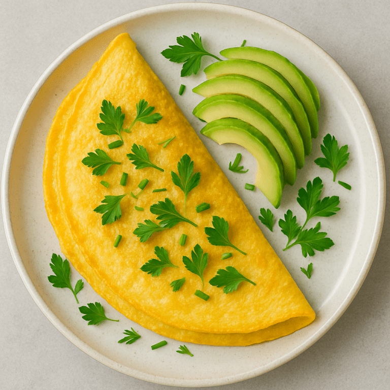 Frisch zubereitetes Omelett auf einem hellen Teller, garniert mit frischen Kräutern; daneben liegen gleichmäßig geschnittene Avocado-Scheiben