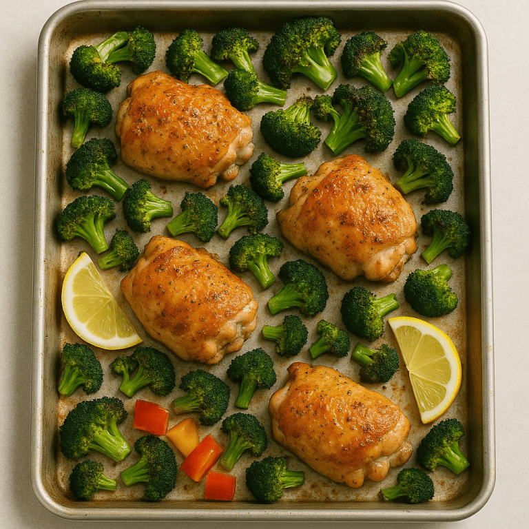 Backblech mit goldbraun gebratenem Hähnchen, geröstetem Brokkoli und frischen Zitronenscheiben – einfache und aromatische Ofengericht-Variante für eine ausgewogene Mahlzeit