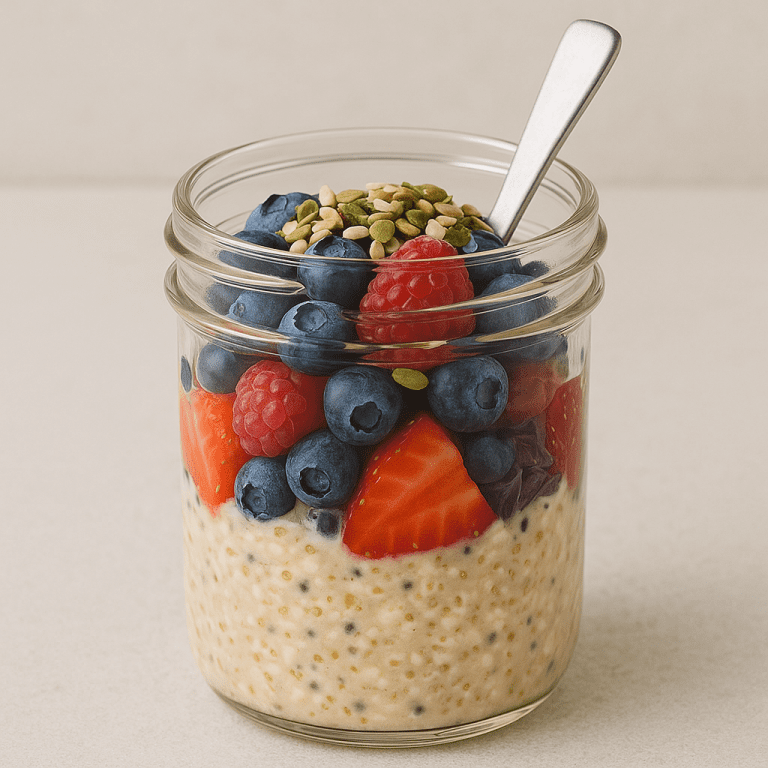Ein Glas mit geschichteten Overnight-Oats, frischen Blaubeeren, Himbeeren, Erdbeeren und einem Topping aus Samen, serviert mit einem silbernen Löffel
