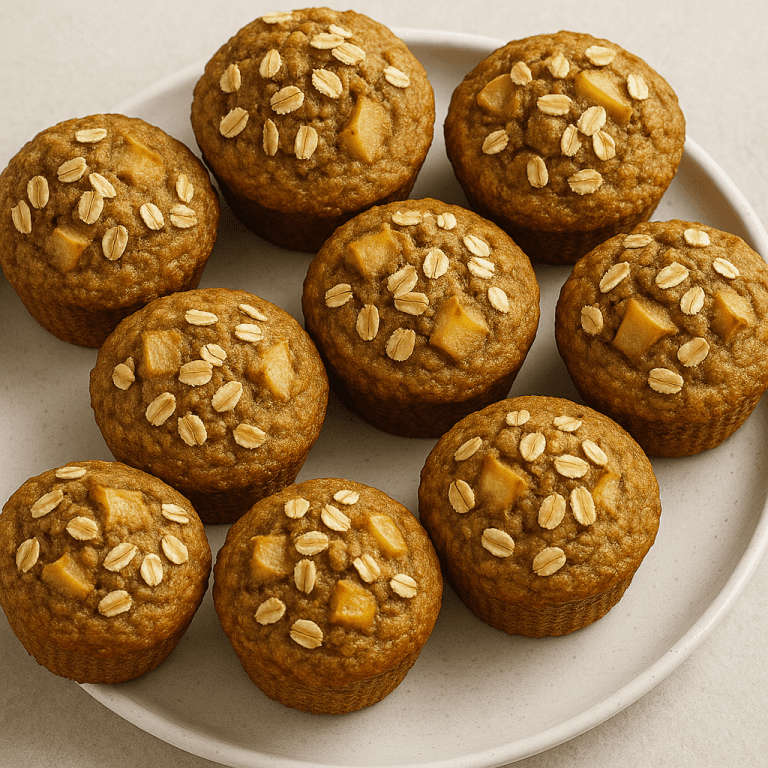 Mehrere goldbraune Muffins mit sichtbaren Apfelstücken und Haferflocken dekoriert, angerichtet auf einem weißen Teller