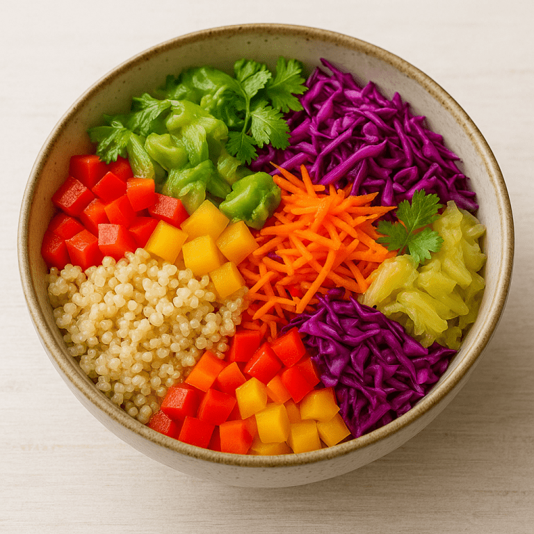 Bunte Rainbow-Quinoa-Bowl mit roter und gelber Paprika, Karotten, Rotkohl, fermentiertem Gemüse