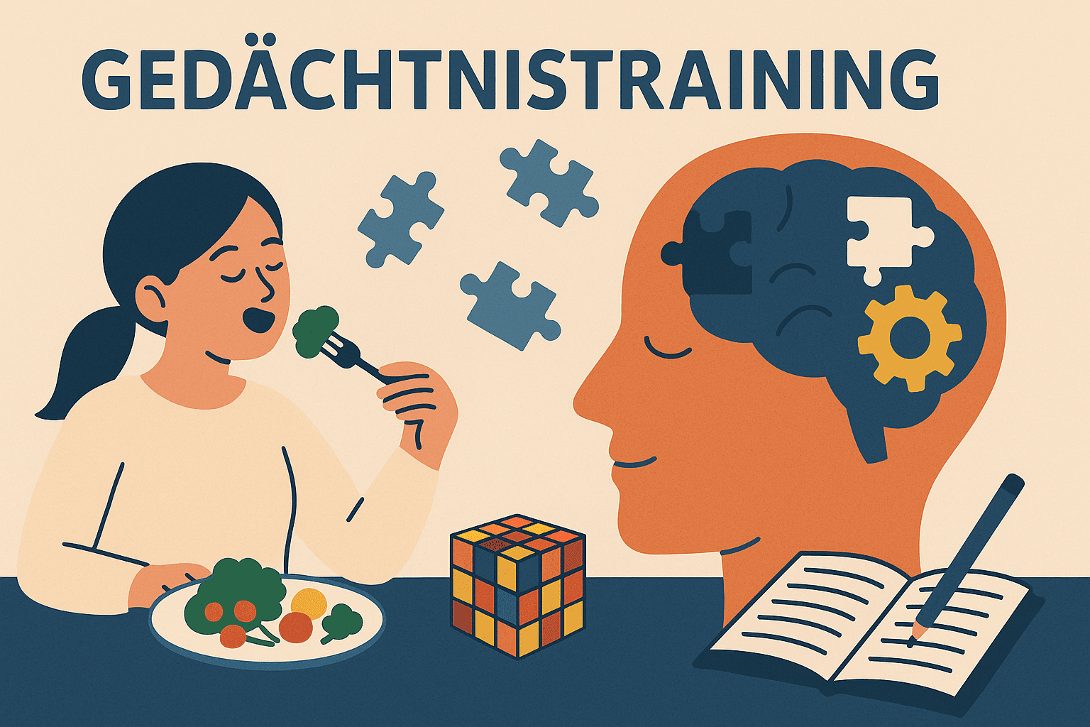 Gedächtnistraining – Gehirn, Puzzle und Fokus Illustration zum Thema Gedächtnistraining mit Gehirn, Puzzle und gesunder Ernährung