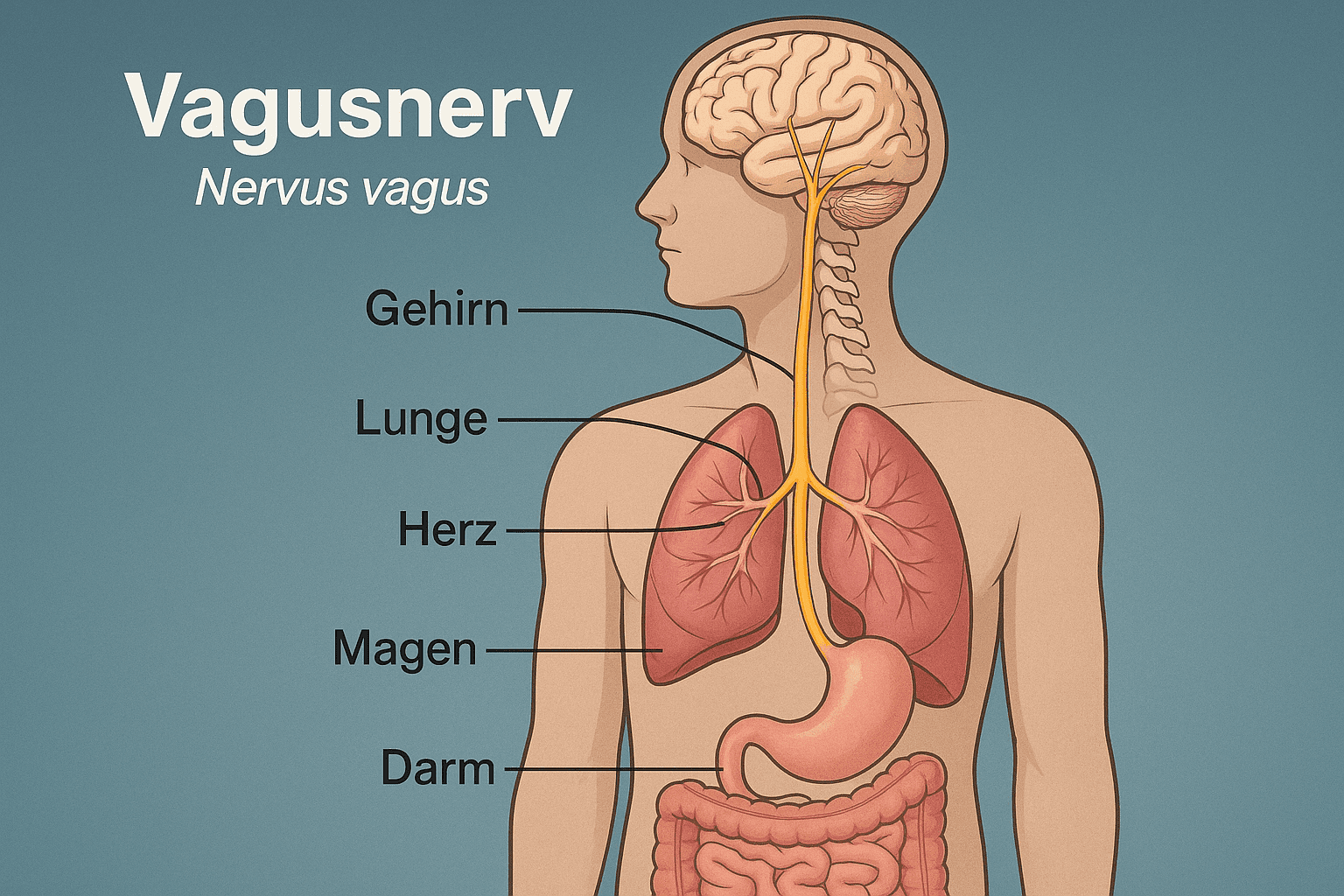 Illustration der Vagusnerv-Anatomie und seiner Verbindungen im menschlichen Körper